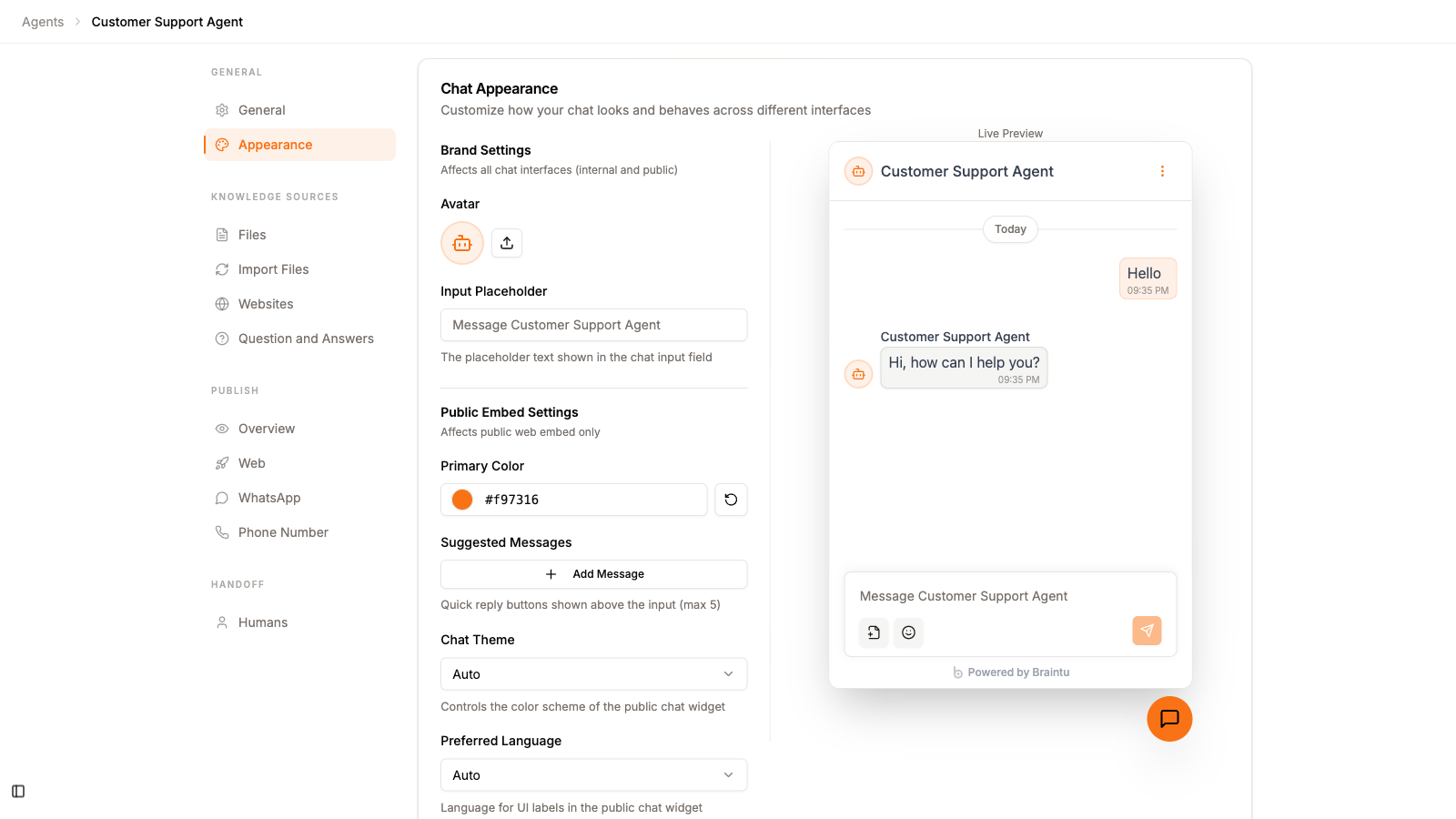 Braintu Dashboard - Agent Appearance Customization